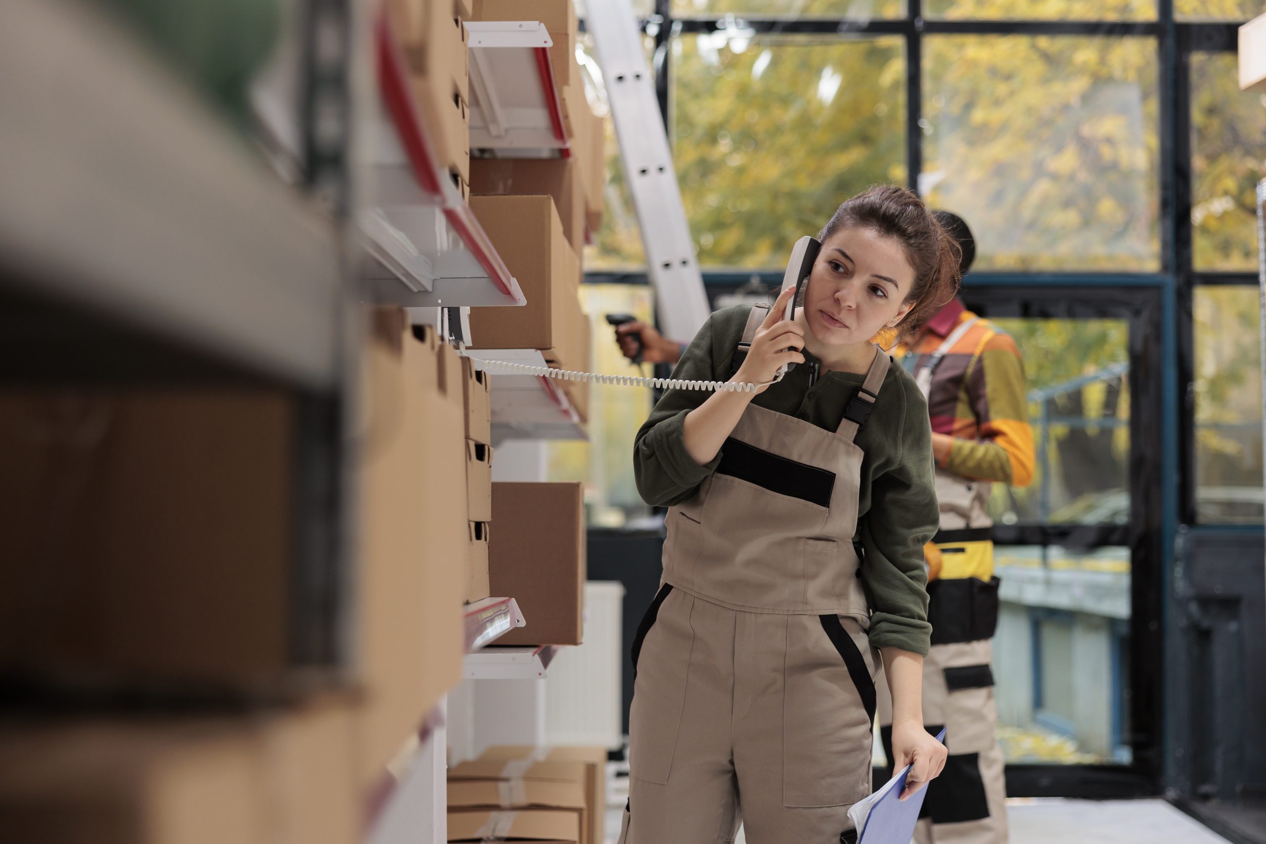 Warehouse worker on the phone, managing product inventory and shipping logistics