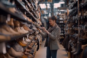 Woman examining shoes in a footwear store aisle
