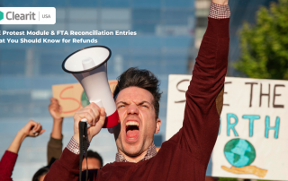 U.S. importer at a public rally symbolizing trade action, illustrating how the ACE Protest Module and FTA Reconciliation Entries help importers secure customs duty refunds under USMCA and IEEPA regulations.