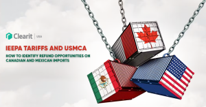 Three shipping containers with U.S., Canada, and Mexico flags representing cross-border trade and IEEPA tariff refund opportunities under USMCA.