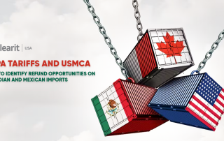Three shipping containers with U.S., Canada, and Mexico flags representing cross-border trade and IEEPA tariff refund opportunities under USMCA.