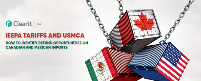 Three shipping containers with U.S., Canada, and Mexico flags representing cross-border trade and IEEPA tariff refund opportunities under USMCA.