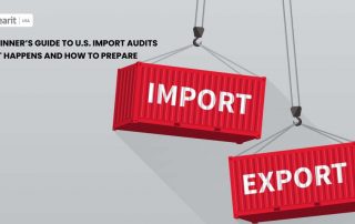 Illustration of red shipping containers labeled “Import” and “Export,” used to represent U.S. import audits and customs compliance.