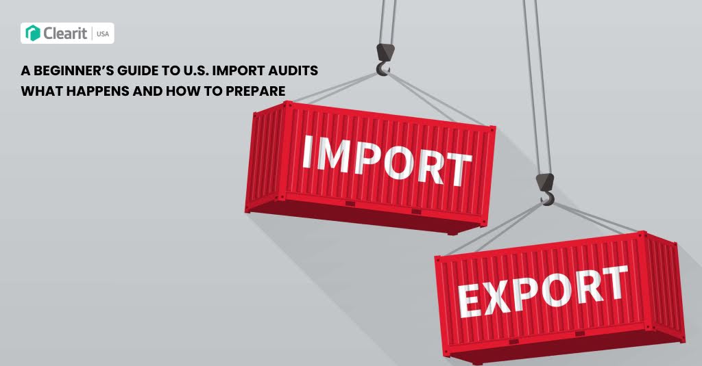 Illustration of red shipping containers labeled “Import” and “Export,” used to represent U.S. import audits and customs compliance.