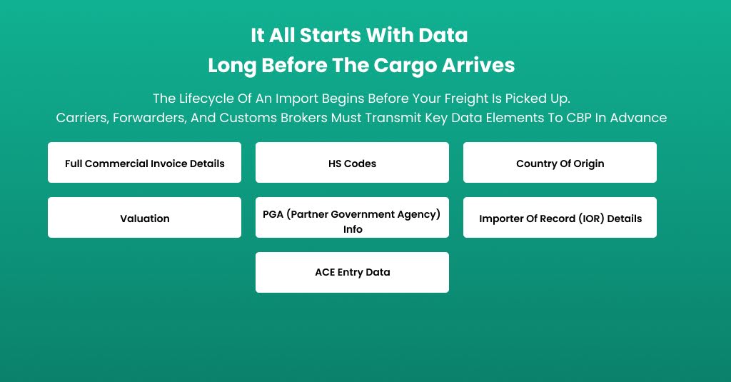 Infographic showing key data elements required by CBP before cargo arrival, including commercial invoice details, HS codes, country of origin, valuation, PGA information, importer of record details, and ACE entry data.