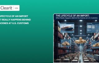 Infographic showing the lifecycle of an import at U.S. Customs, including arrival and manifest, customs filing, examination, document review, VACIS scan, physical exam, and release and delivery, presented by Clearit USA.