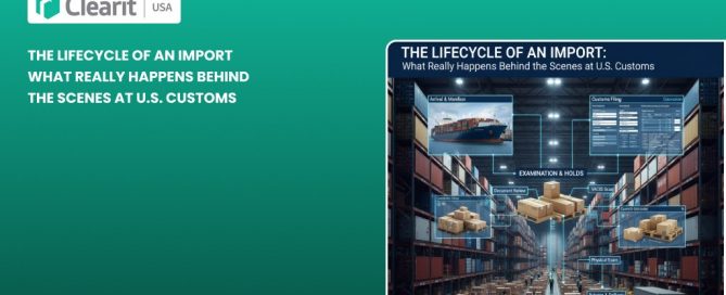 Infographic showing the lifecycle of an import at U.S. Customs, including arrival and manifest, customs filing, examination, document review, VACIS scan, physical exam, and release and delivery, presented by Clearit USA.