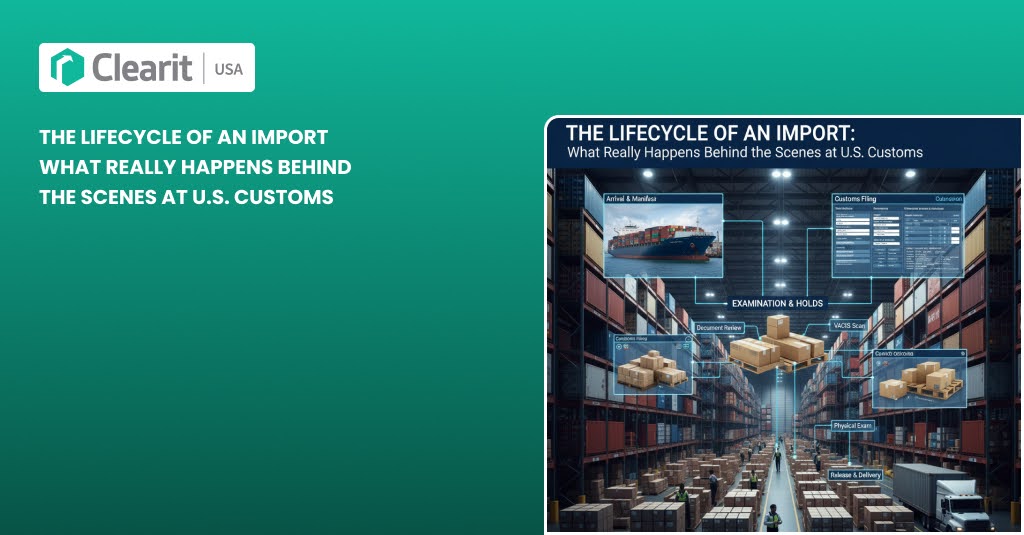 Infographic showing the lifecycle of an import at U.S. Customs, including arrival and manifest, customs filing, examination, document review, VACIS scan, physical exam, and release and delivery, presented by Clearit USA.